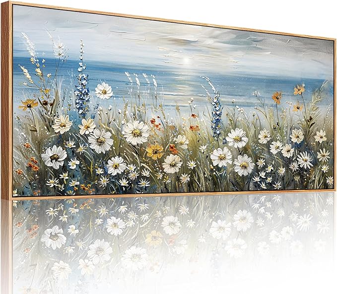SERIMINO Floral Wall Decor, Extra Large Wall Art for Living Room, Coastal Wall Art, Framed Artwork for Walls, Sunrise Landscape Big Canvas Prints, Daisy Flower Painting Office Hotel Hallway 32"x71"