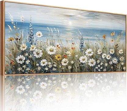 SERIMINO Floral Wall Decor, Extra Large Wall Art for Living Room, Coastal Wall Art, Framed Artwork for Walls, Sunrise Landscape Big Canvas Prints, Daisy Flower Painting Office Hotel Hallway 32"x71"
