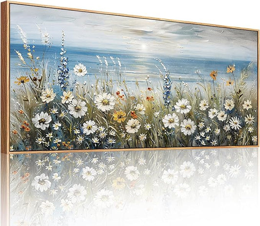 SERIMINO Floral Wall Decor, Extra Large Wall Art for Living Room, Coastal Wall Art, Framed Artwork for Walls, Sunrise Landscape Big Canvas Prints, Daisy Flower Painting Office Hotel Hallway 32"x71"