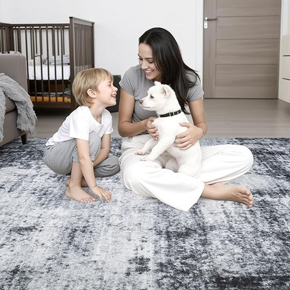 4x6 Area Rug Living Room Rug: Washable Modern Abstract Soft Thin Rug Indoor Floor No Slip Stain Resistant Carpet for Bedroom Dining Room Farmhouse Nursery Home Office - Dark-Black