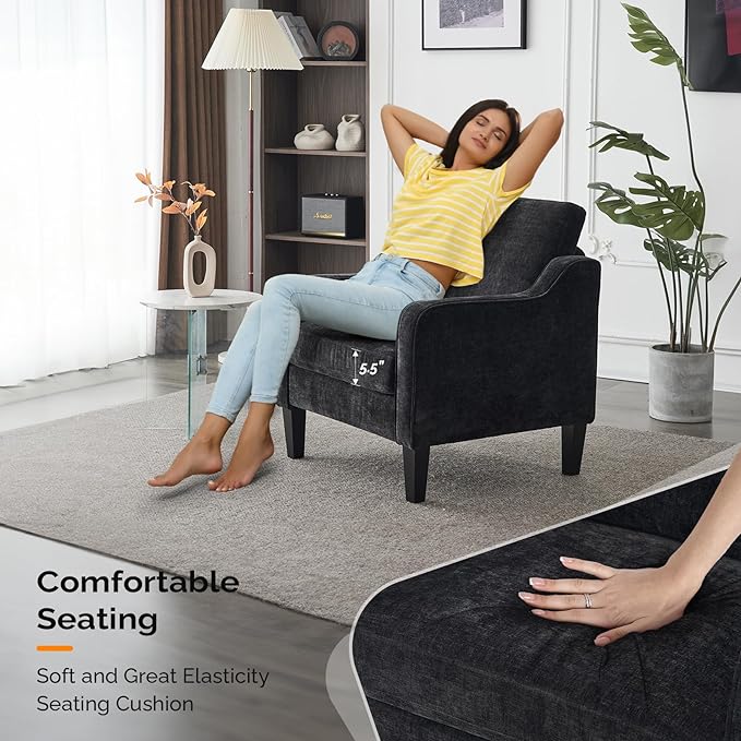 VINGLI Mid Century Modern Accent Chairs, Black Soft Chenille Reading Chair Upholstered Armchair Side Chairs Sofa Couches for Living Room, Bedroom, Apartment