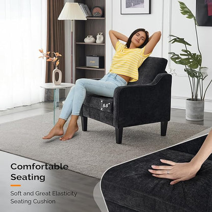 VINGLI Mid Century Modern Accent Chairs, Black Soft Chenille Reading Chair Upholstered Armchair Side Chairs Sofa Couches for Living Room, Bedroom, Apartment