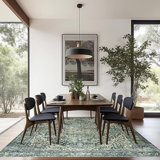 Boho Washable Rug for Living Room 6x9 Dark Academia Emerald Green Rug Oriental Carpet Forest Hunter Green Floor Covering