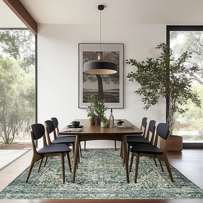 Boho Washable Rug for Living Room 6x9 Dark Academia Emerald Green Rug Oriental Carpet Forest Hunter Green Floor Covering