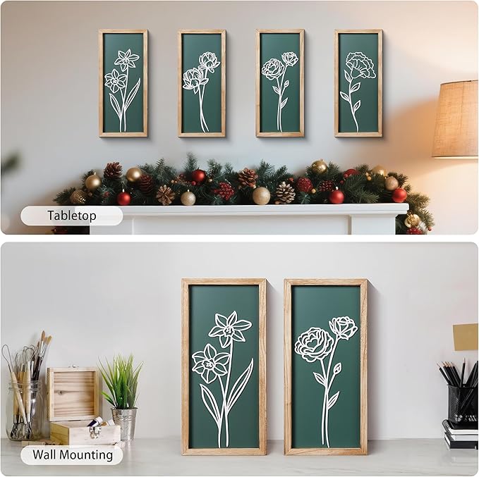 HKBS 3D Wooden Floral Wall Art, Set of 4 Framed Flowers Wall Art Sculptures, Boho Farmhouse Minimalist Decor for Bathroom Bedroom Living Room Kitchen or Office Wall Decorations Housewarming Gifts (Green)