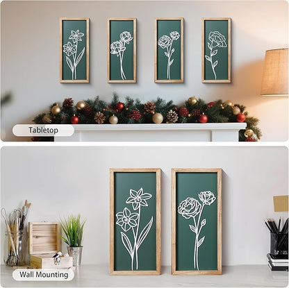 HKBS 3D Wooden Floral Wall Art, Set of 4 Framed Flowers Wall Art Sculptures, Boho Farmhouse Minimalist Decor for Bathroom Bedroom Living Room Kitchen or Office Wall Decorations Housewarming Gifts (Green)