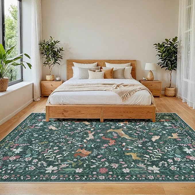 5x7 Area Rugs Washable Rug: Lagre Boho Living Room Rug Soft Non-Slip Thin Carpet Indoor Floor Non-Shedding Neutral Floral Carpets for Bedroom Dining Room Farmhouse Nursery Dark Green