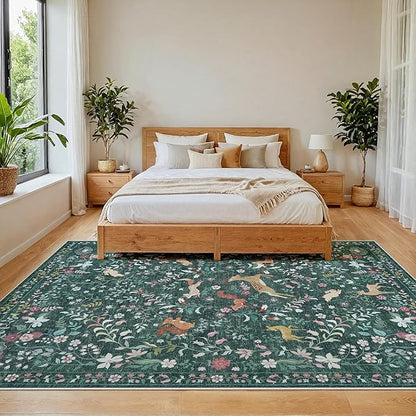 5x7 Area Rugs Washable Rug: Lagre Boho Living Room Rug Soft Non-Slip Thin Carpet Indoor Floor Non-Shedding Neutral Floral Carpets for Bedroom Dining Room Farmhouse Nursery Dark Green
