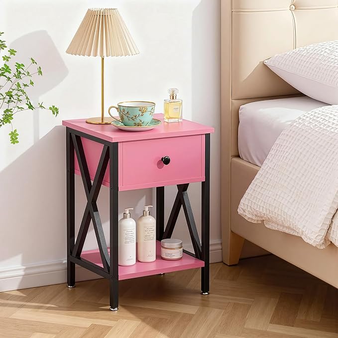 VECELO Nightstands, Modern Bedside End Tables Set of 2, Night Stand with Drawer and Storage Shelf for Living Room Bedroom, Industrial Metal Frame