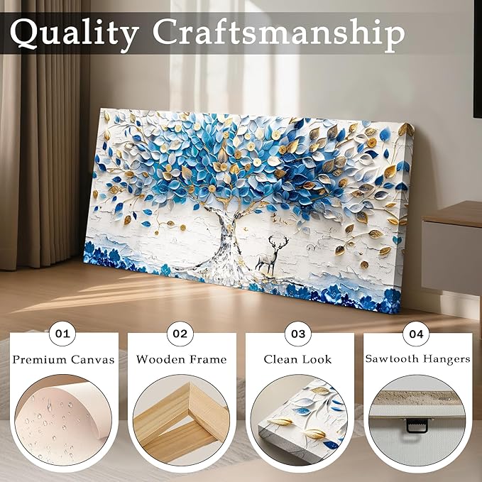 imjiayu Tree of Life Wall Art, Large Wall Decor, Blue Wall Art, White Gold Money Tree Prints, Modern Feng Shui Decor, Abstract Canvas Paintings Wall Decor Living Room Bedroom Office Hallway 24"x48"