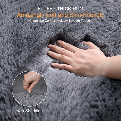 KICHOWUA Thick Area Rug Grey Fluffy Shag 3x5 for Bedroom, Ultra Soft Plush Fuzzy Washable Throw Carpet, Modern Non Slip Cozy Furry Shaggy Rug for Living Room Kids Baby Nursery College Dorm