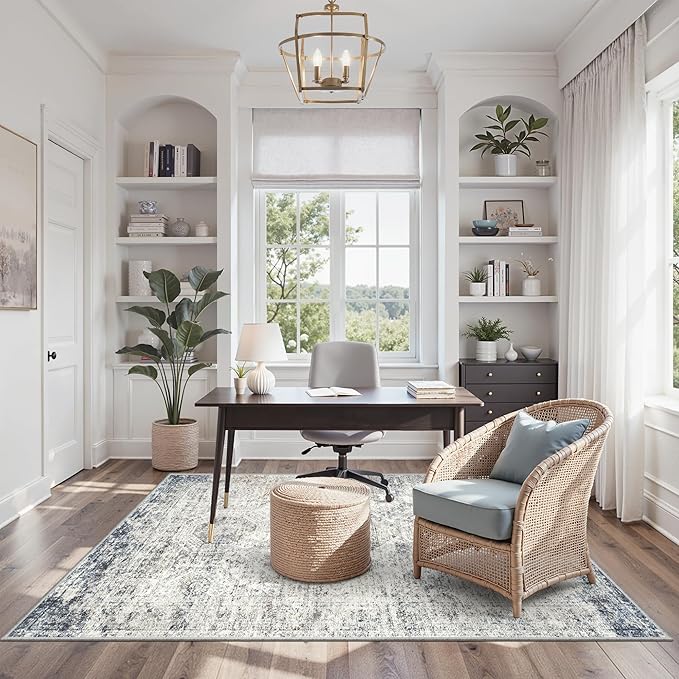 Soalmost 4x6 Area Rugs for Living Room, Vintage Washable Rugs for Dining Room, Bedroom, Home Office Decor, Non-Slip Blue Ivory Carpet Thin Rug