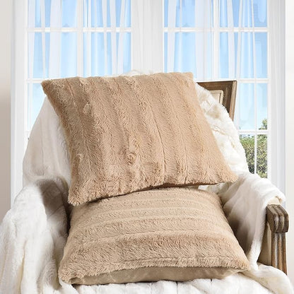 Cheer Collection Faux Fur Throw Pillows - Decorative Pillows for Couch, Bed Throw Pillows, Sand Accent Pillows for Bedroom or Living Room Aesthetic, Set of 2 Furry Throw Pillows, 18”x18”
