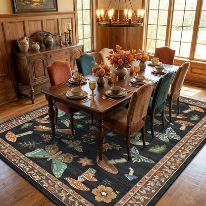 ROYHOME Mushroom 9x12 Area Rugs for Living Room Low-Pile Whimsical Cottage Core Insect Bug Butterfly Funky Dark Gothic Decor for Bedroom Nursery Dining Room Black Brown
