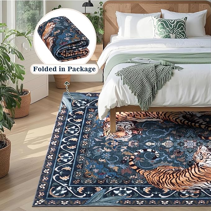 Tiger Washable Area Rugs 5x7Ft, Boho Jungle Living Room Rugs, Soft Botanical Animal Print Bedroom Nursery Area Floor Carpets for Dining Room Dorm Study Kids Playroom Farmhouse Office, Blue