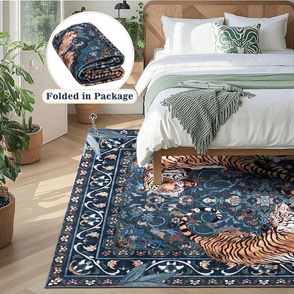 Tiger Washable Area Rugs 5x7Ft, Boho Jungle Living Room Rugs, Soft Botanical Animal Print Bedroom Nursery Area Floor Carpets for Dining Room Dorm Study Kids Playroom Farmhouse Office, Blue