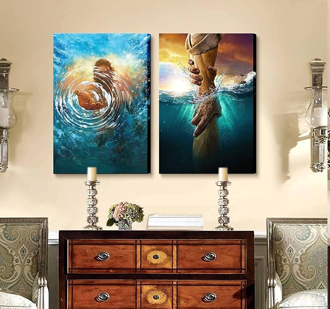 2 Pcs Framed Jesus wall art The Hand of God Jesus Reaching Into Water Christ Religion Canvas Wall Decor Blue Ocean Bible Pictures Posters Prints Paintings for Living Room Bedroom Church Decorations