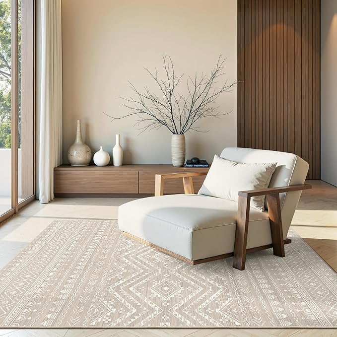 Miukiki 4x6 Area Rug for Living Room Moroccan Washable Rugs Non Slip Indoor Floor Carpet Foldable Large Soft Area Rug for Dining Room Bedroom with Low Pile(Brown,4'x6')