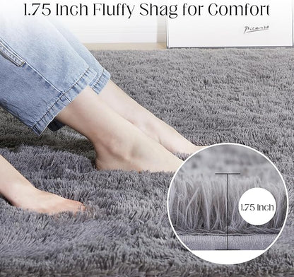 Puremy 6x9 Super Soft Grey Rugs for Living Room, Fluffy Shaggy Area Rug for Bedroom, Anti-Skid High Pile Indoor Carpet for Nursery, Kids Room, Bedside, Home Decoration