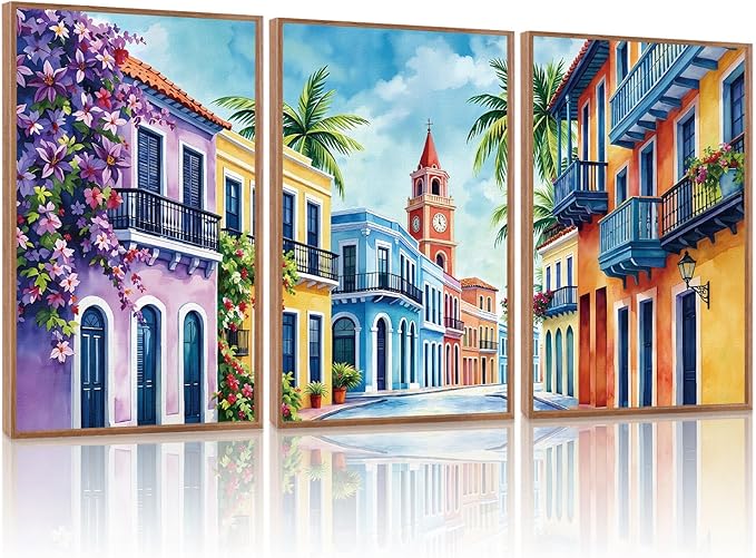KAlRNE Vintage Cityscape Framed Canvas Wall Art Set of 3(24”X36”),Watercolor Street Scenery Wall Decor,Colorful Tropical Building Painting,Texture Botanical Art Prints For Living Room Bedroom Office