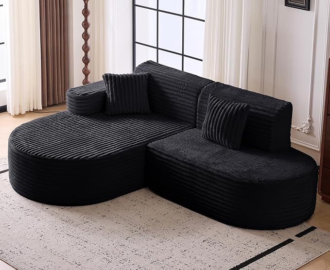 Modern Curved Boneless Sofa Couch, L-Shaped Corner Sofa, Corduroy Upholstered Cloud Sectional Couch for Living Room, Bedroom and Apartment,No Assembly Needed(Black, Left Hand Facing)