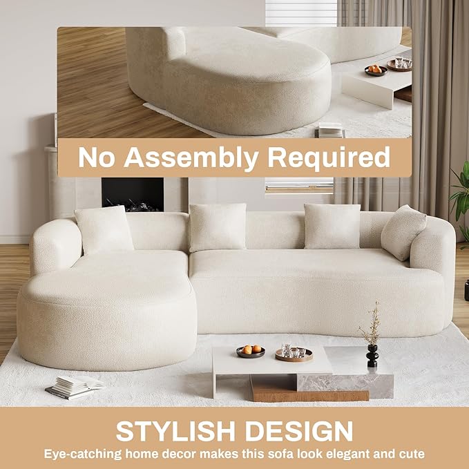 Luxury Modern Tight Curved Back Sofa, 111" Minimalist Style Comfy Couch for Living Room, 4 Seater Modular Chenille Sectional with 4 Throw Pillows,No Assembly Needed,Cream White(Left-Facing Chaise)