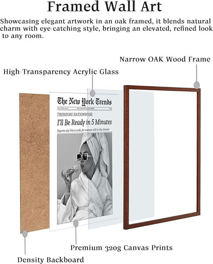 EcoHest 12x16 in Walnut Solid OAK Wood Framed Wall Art, Newspaper I'll Be Ready in 5 Minutes Print, Feminist Makeup Canvas Wall Art Home Decor, Retro Bathroom Decor, Set of 1 For Bedroom Living Room