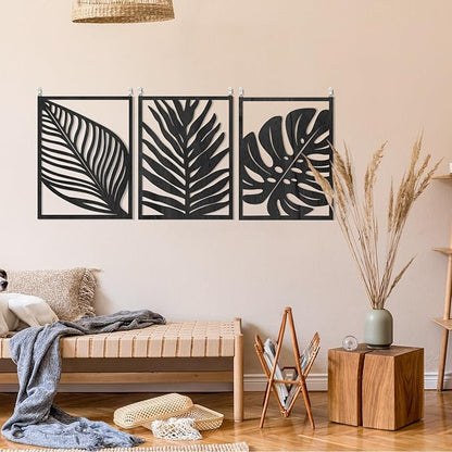 3PCS Black Tropical Wall Art, Wall Decor For Bedroom, Wall Art Decor Leaf Sign Walls Vintage Tropical Plant Wall Rustic Palm Leaf, Modern Wooden Walls Sculptures for for Living room, Bedroom, Office