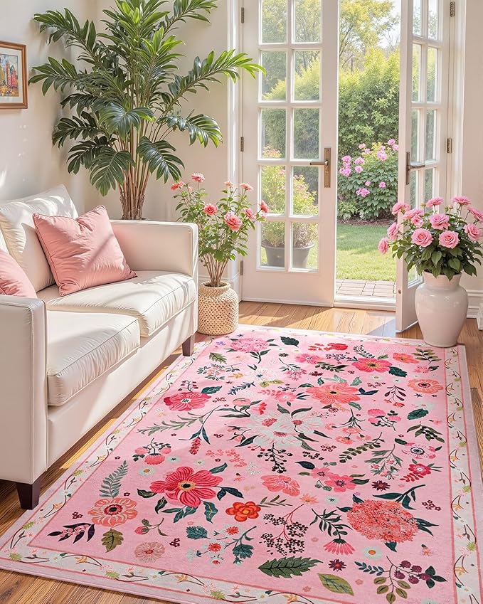 Macgace Pink Floral Rug for Girls Bedroom, 4x6 Machine Washable Area Rugs with Non Slip Backingfor Living Room, Cute Flowers Carpet Kitchen Dining Room Kids Playroom Decor