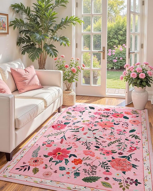 Macgace Pink Floral Rug for Girls Bedroom, 4x6 Machine Washable Area Rugs with Non Slip Backingfor Living Room, Cute Flowers Carpet Kitchen Dining Room Kids Playroom Decor