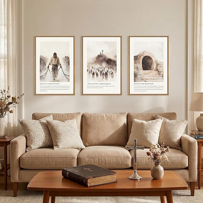 KAIRNE Jesus Christian Framed Canvas Wall Art Set,Neutral Bible Verses Wall Decor,Modern Religious Scripture Art Prints,Christ Cross Empty Tomb Artwork for Living Room,Bedroom,Church,Office-16 x24 x3
