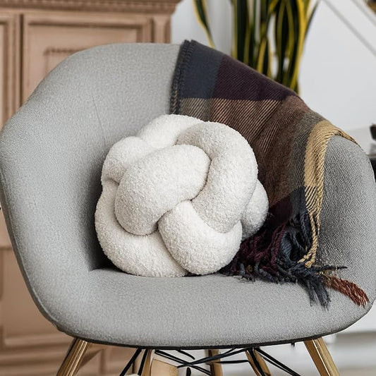 SAMIAH LUXE Vanilla Cream Teddy Boucle Knot Pillow Ball 12", Permanently Stitched Knotted Decorative Throw Pillow, Natural Kapok Fill, Round Accent Pillow for Couch Sofa Bed, Boho Home Decor