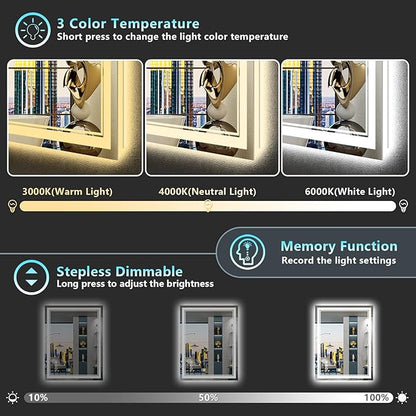 28x36 LED Bathroom Mirror with Lights, Backlit and Front Lit Anti-Fog Lighted Vanity Mirrors for Bathroom Wall, Dimmable, 3-Color Light, Memory, Shatter-Proof, HD Tempered Glass, CRI＞90