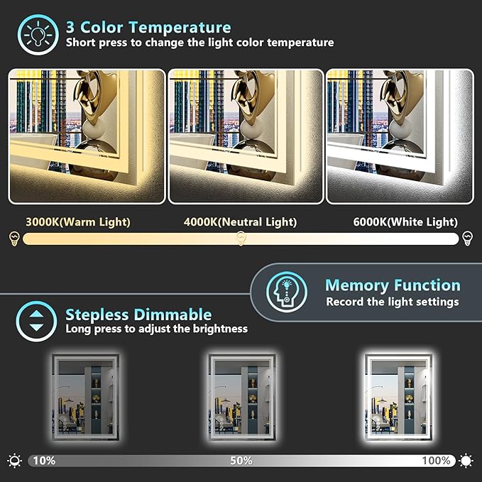 24x30 LED Bathroom Mirror with Lights, Backlit and Front Lit Anti-Fog Lighted Vanity Mirrors for Bathroom Wall, Dimmable, 3-Color Light, Memory, Shatter-Proof, HD Tempered Glass, CRI＞90