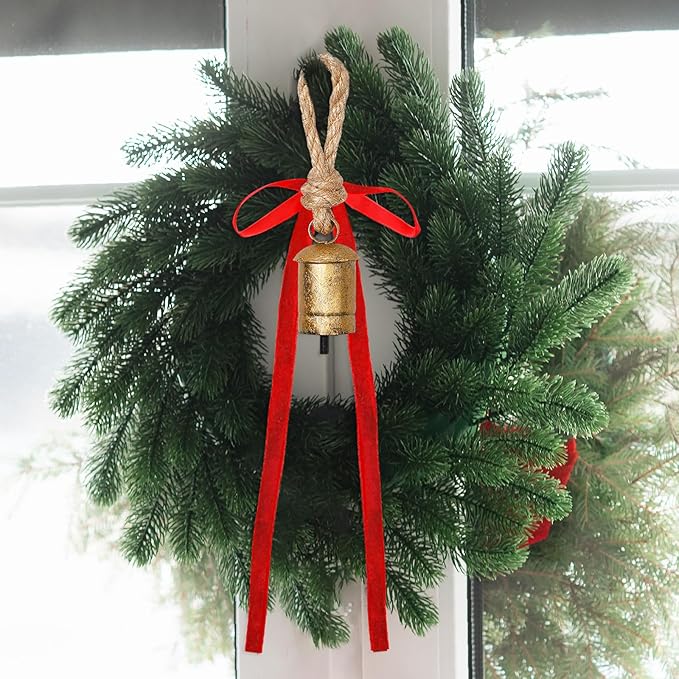 Suncalla 6 Pcs Rustic Gold Bells with 6 Pcs Red Velvet Bows Mini Handmade Hanging Ornament Decorative Antique Bells Velvet Bows for Xmas Tree Crafts Door Wreath Decoration DIY Party Supplies
