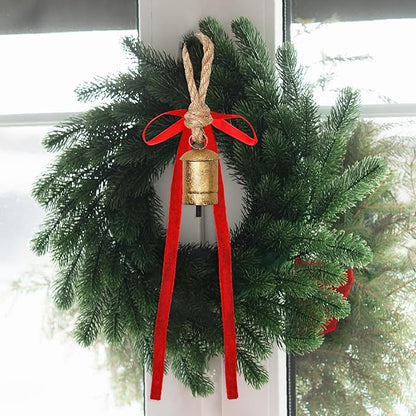 Suncalla 6 Pcs Rustic Gold Bells with 6 Pcs Red Velvet Bows Mini Handmade Hanging Ornament Decorative Antique Bells Velvet Bows for Xmas Tree Crafts Door Wreath Decoration DIY Party Supplies
