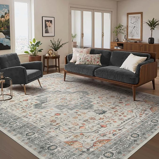 Rugxara 6x9 Tapue Washable Area Rug for Living Room, Vintage Neutral Large Boho Rugs for Office, Dining Room, Kids Room, Farmhouse, Low Pile Non Slip Carpet for High Traffic Areas, Taupe