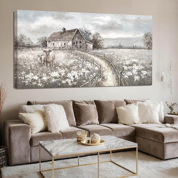 Neutral Greige Highland Cow Canvas Wall Art, Rustic Country Cottage Landscape with Meadow Flowers, Large Horizontal Framed Canvas, Ready to Hang for Living Room/Bedroom, 29x58 Inches