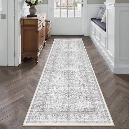 2'6"x8' Gray Runner Rug Hallway Non Slip Washable Area Rugs Kitchen Soft Vintage Boho Long Rug Distressed Floral Carpet Indoor Low Pile Throw Rug for Bedroom Bathroom Laundry Dining Living Room Office