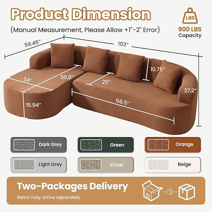 103" L Shaped Boneless Sectional Couches for Living Room, Curved Modular Sectional Sofa with Chaise, Modern Cloud Couch Deep 3 Seat No Assembly, Orange