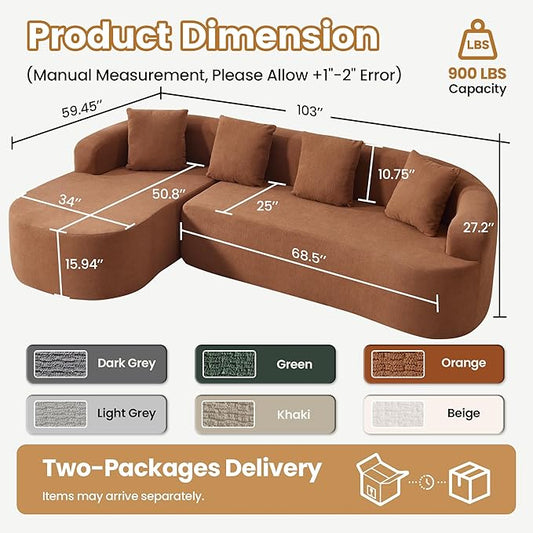 103" L Shaped Boneless Sectional Couches for Living Room, Curved Modular Sectional Sofa with Chaise, Modern Cloud Couch Deep 3 Seat No Assembly, Orange