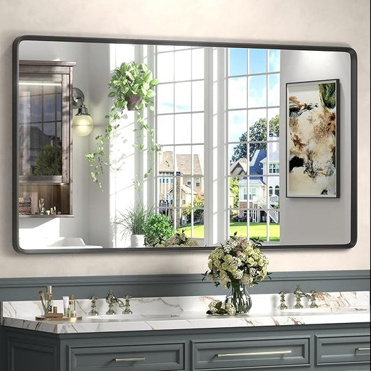 55x30 Black Matte Mirror for Bathroom, Black Metal Framed Rectangle Vanity Mirror, Large Rounded Mirror for Bathroom, Anti-Rust, Shatterproof (Horizontal/Vertical)