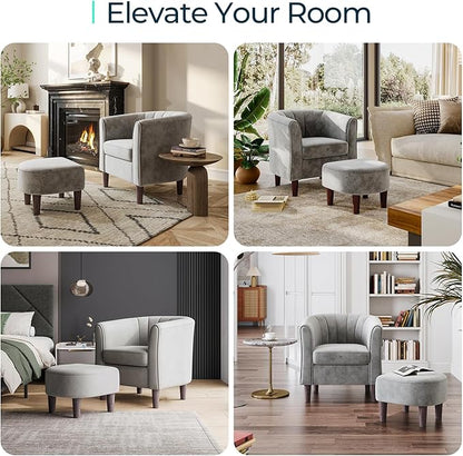 LINSY Accent Chair Set of 2, Velvet Barrel Chair with Ottoman, Modern Comfy Small Armchair for Small Spaces Reading Room Living Room Bedroom Kids Room Office, Grey