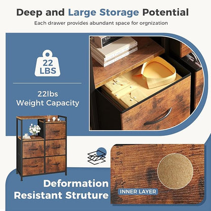 DUMOS TV Stands for Bedroom with 5 Drawers, 5-Drawer Chest of Drawers with Raised Shelf, Storage Tower with Fabric Bins for Closet Organization, Hallway Storage, Tank