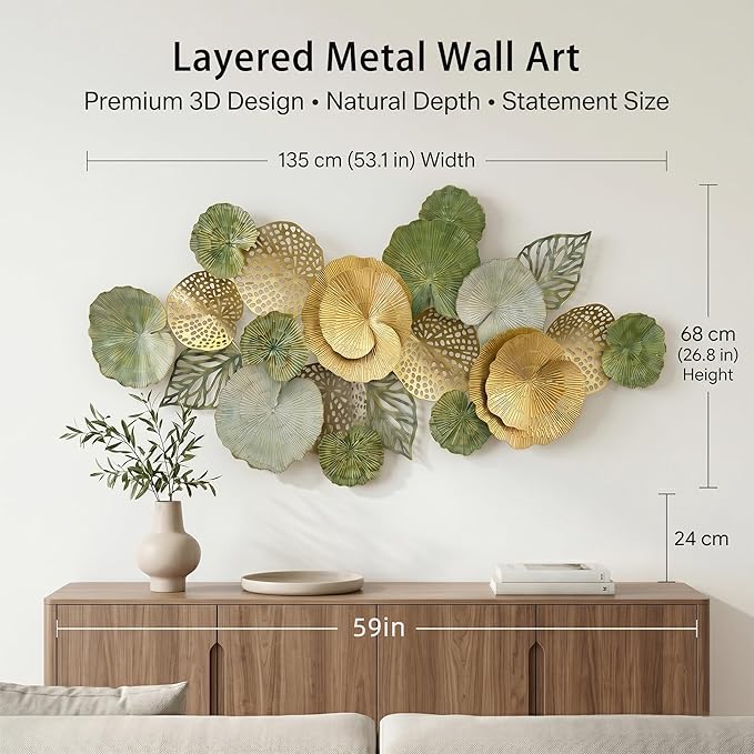Axioglo Large Metal Wall Art Decor, 3D Abstract Botanical Leaf Design, Handcrafted Metal Wall Sculpture for Living Room, Bedroom & Entryway（51"）
