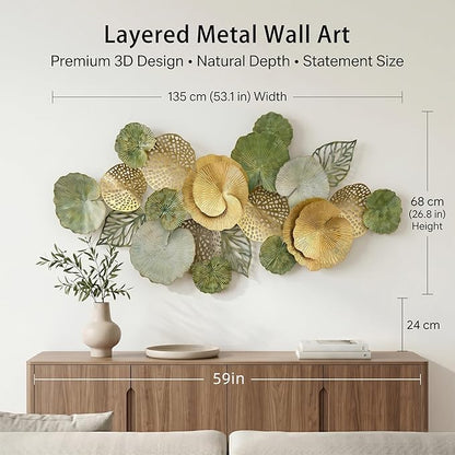 Axioglo Large Metal Wall Art Decor, 3D Abstract Botanical Leaf Design, Handcrafted Metal Wall Sculpture for Living Room, Bedroom & Entryway（51"）