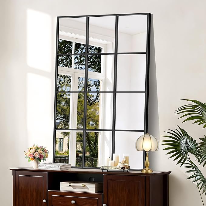 YIROMAN Window Pane Mirror, 30x48 Inch Black Rectangular Mirrors for Wall Mounted Decor, Large Window Metal Framed Mirror for Bedroom Living Room Fireplace Entryway, Hanging or Leaning Against Wall