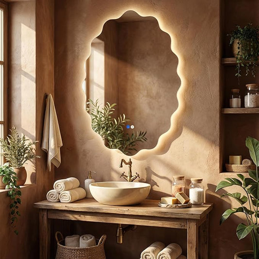 Dorlicecass Oval Wavy Led Bathroom Mirror- Vanity Mirror with Lights IP54 Enhanced Anti-Fog,Single Piece 24"x36" 3 Colors Dimmable, Memory,Tempered Glass,UL Listed