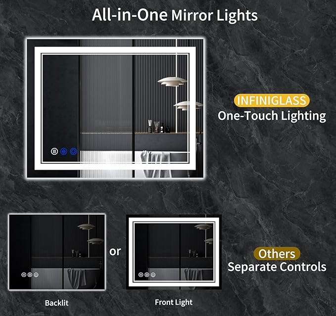 48"x32" LED Bathroom Mirror with Anti-Fog, Stepless Dimmable Lights, 3 Color Modes, Shatter-Proof Tempered Glass,Waterproof Design