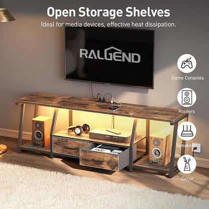 RALGEND LED TV Stand for 75 Inch TV, Entertainment Center with Open Shelves and Power Outlets, TV Console Table with Fabric Drawers, Media Console for Living Room, Bedroom, Rustic Brown and Black